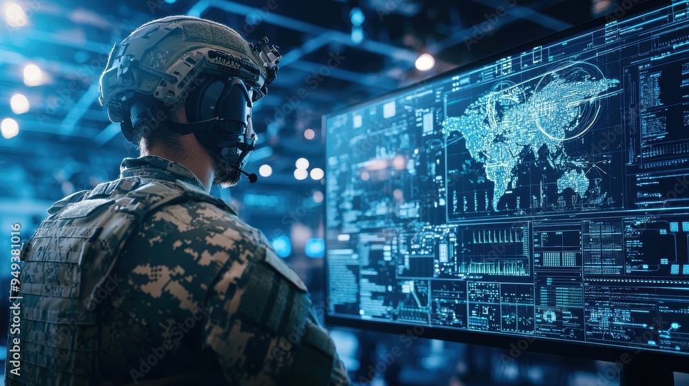 Poster military soldier monitoring global data on a computer screen