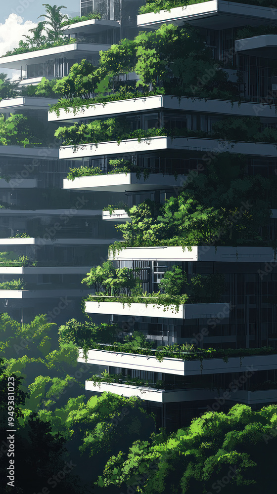Poster a tall building with a lot of greenery on it. the building is very tall and has many windows. the wi