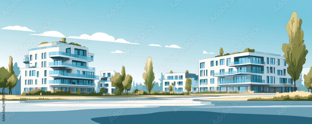 Poster a cityscape with a large building in the foreground and a smaller building in the background. the sk
