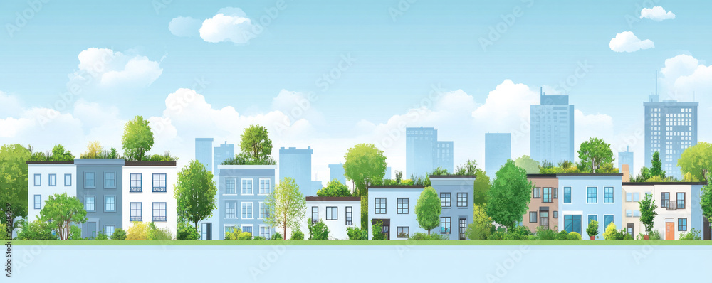 Poster a cityscape with a row of houses and trees. the houses are all different sizes and are lined up next