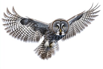 Stunning capture of a great grey owl with wide-spread wings,flying against a pure white background with generative ai