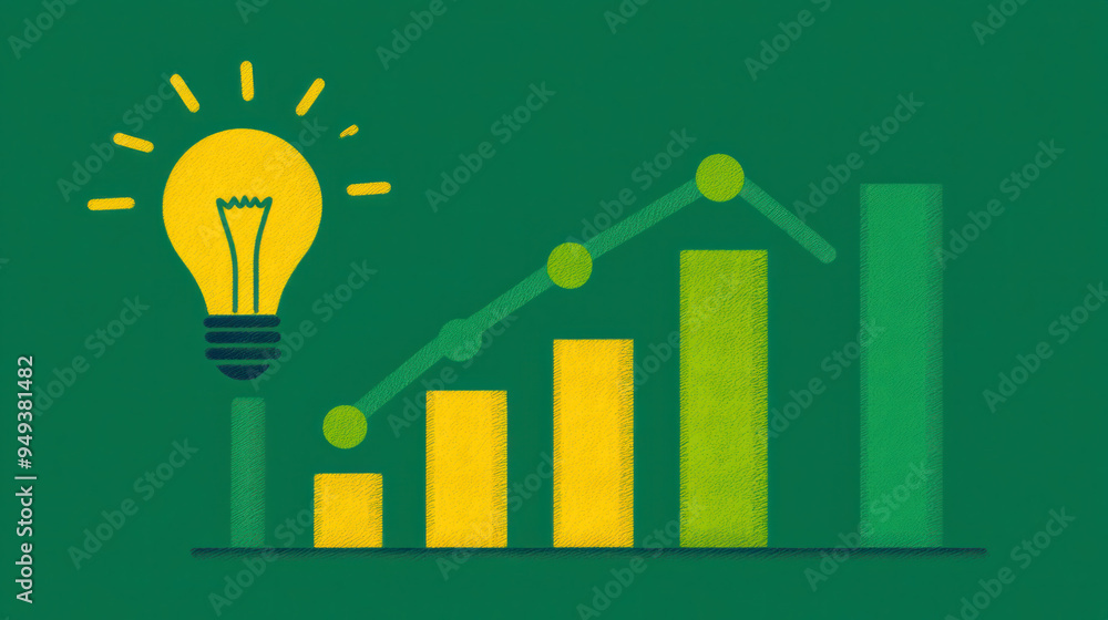 Poster a drawing of a light bulb with a graph of a rising line next to it. concept of innovation and progre