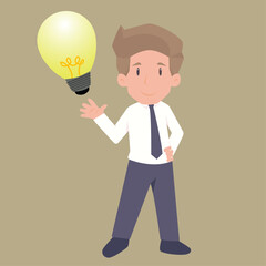 Businessman with light bulb idea. Template and layout. Cartoon flat vector illustration