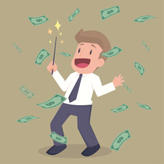 Businessperson doing a magic trick making dollars and profit out of financial strategy.vector.illustration
