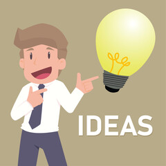 Businessman with light bulb idea. Template and layout. Cartoon flat vector illustration