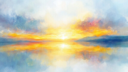 Fototapeta premium A painting of a sunset with a reflection of the sun on the water. The mood of the painting is serene and peaceful