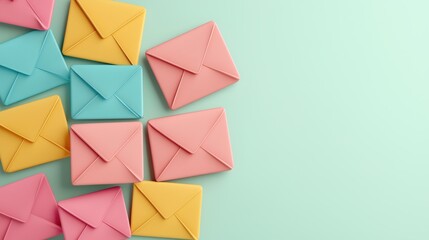 Colorful envelopes arranged artistically on a pastel background, ideal for communication or messaging themes.