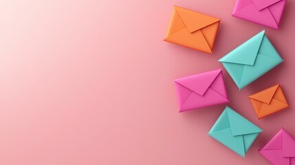 Colorful envelopes scattered on a soft pink background, perfect for invitations, greetings, or mail-themed designs.