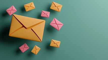 Colorful envelopes scattered on a teal background, representing communication and connectivity in a modern digital world.
