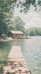 Wooden Dock Leading to Lakefront Cabin
