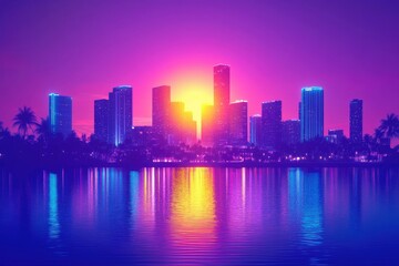 Fototapeta premium A Vibrant City Skyline at Sunset with Palm Trees and a Reflecting Waterway