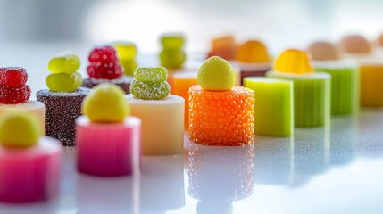 The image is a vibrant and appetizing close-up of assorted petit fours, each meticulously crafted and presented. The tiny cakes are topped with glossy, colorful glazes, some clear and shimmering