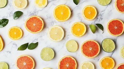 Flat lay of fresh citrus fruit slices including oranges, lemons, limes, and grapefruits on a white marble background with green leaves.