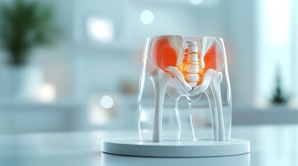 Anatomical model of human pelvis with highlighted hip flexor muscles.