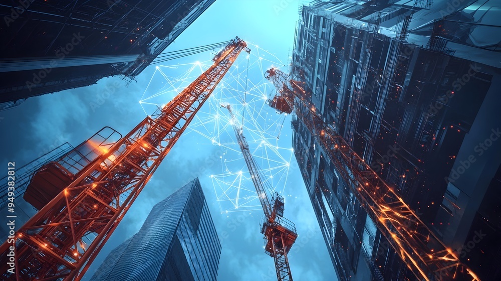 Poster integrated internet of things iot technology seamlessly coordinating the of multiple cranes on a lar