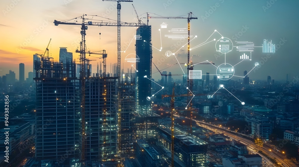 Poster intelligent iot systems monitoring and optimizing energy usage on a futuristic skyscraper constructi
