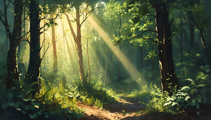 Obraz premium View the sun peeking through the trees in the forest, surrounded by terrestrial plants and various shades of green and brown in the natural landscape
