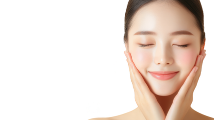 Beautiful Woman with Clear Skin Smiling and Touching Face