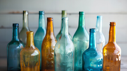 Assorted colorful glass bottles in various shapes and sizes with a focus on turquoise, amber, and blue hues, standing against a soft, blurred background.