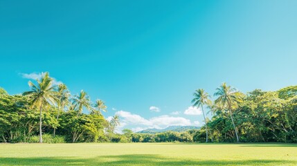 Tropical Paradise  Lush Green Field  Palm Trees  Blue Sky  Sunny Day
