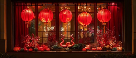 Embrace the Chinese New Year with a festive display featuring the Year of the Snake, showcasing traditional red lanterns, intricate snake motifs, and vibrant decorations symbolizing wisdom and renewal