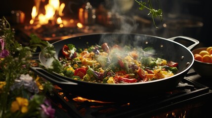 Busy chef cooking stir fry in the kitchen copy space image 