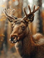 Moose, Elk, Alces Close Up, Wild Mammal in Grassland Habitat