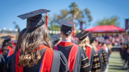 07231249 11. Rear view of a group of university graduates wearing graduation gowns and caps, standing together in a line, facing a stage on commencement day, with a clear blue sky and festive