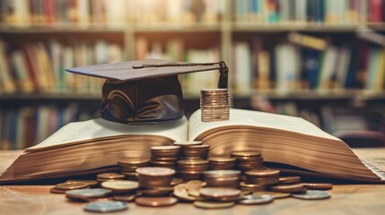 07231249 23. An open book with a graduation cap on top and a trail of coins leading towards it, representing the journey of saving money for educational success, with a clean and simple background