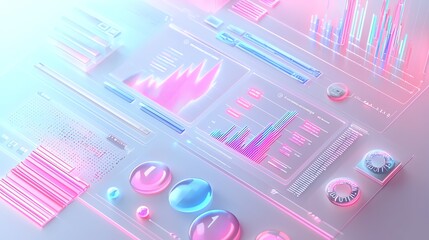 Colorful 3D data visualization with charts and graphs in neon pastel hues, representing futuristic technology and analytics.
