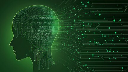 Obraz premium Human head formed with electronic circuits, AI, technology, artificial intelligence, digital network, glowing lines, abstract concept, green, futuristic, artificial mind, tech, human, brain