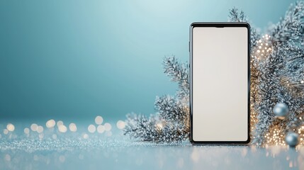 Christmas Holiday Smartphone Mockup on Blue Background with Snowy Branches and Lights