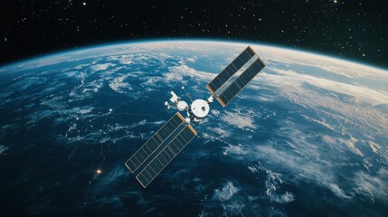 Obraz premium Satellite Orbiting Earth with Solar Panels and Stars