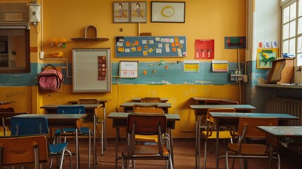 07231249 47. Quiet primary school classroom seen from the back, chairs placed upside down on desks, creating an atmosphere of stillness, with colorful posters and educational materials on the walls