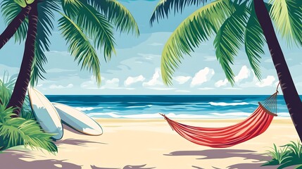 Detailed vector of a beach scene with palm trees surfboards and a hammock under the shade
