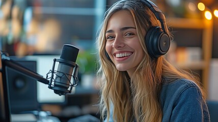 Content young lady in a contemporary studio recording a podcast with a co-host