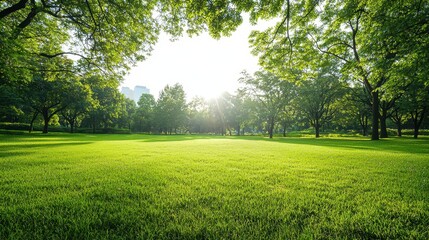 Green Grass Lawn in City Park With Trees and Sunbeams