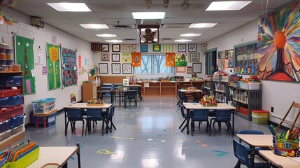 07231249 57. Empty elementary school classroom with chairs placed under desks, toys and learning materials stored away, and vibrant artwork on display, capturing the calm of the room during a holiday