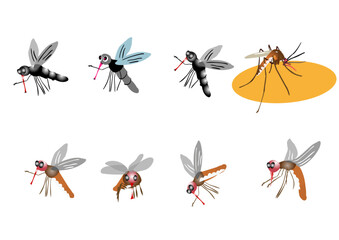 Set of mosquito insects in various positions. Vector illustration isolated on plain background.