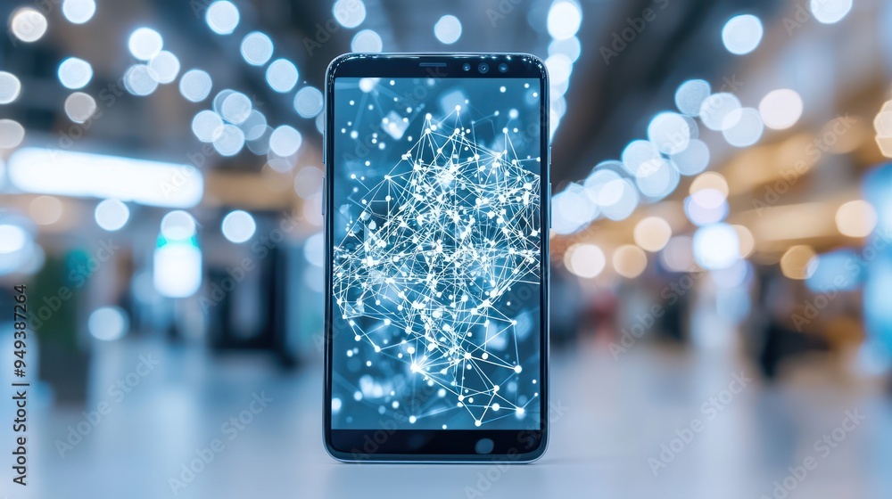 Poster smartphone with network connection on screen in blurred background
