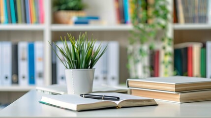 07231249 78. Clean and organized white table in a cozy study environment, adorned with a few scattered books, a notepad with a pen on top, and a decorative plant, offering a peaceful and focused