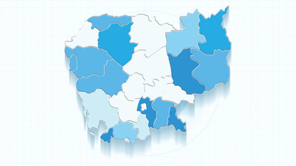 Blue Map of Cambodia, Cambodia map with borders of the states, country high detailed illustration map.