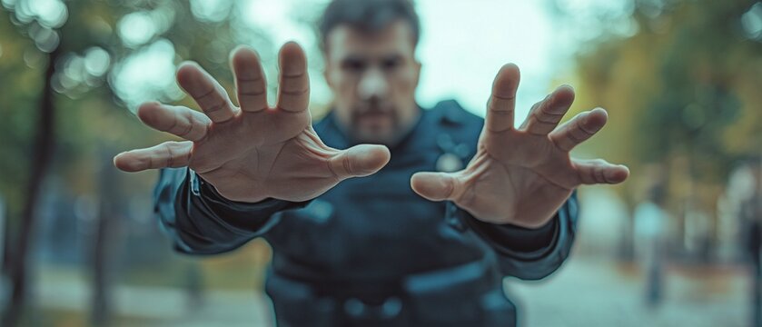 A private law enforcement agent shooing trespassers away with their hands