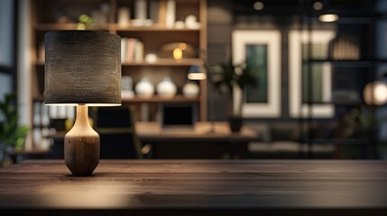 07231249 97. High-detail 3D render of a dark, modern workspace tabletop with a sophisticated table lamp, decorative accents, and clear copy space for displaying product mockups, in front of a blurred