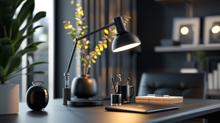 07231249 99. Detailed close-up 3D render of a stylish dark workspace tabletop featuring a contemporary table lamp, elegant decor pieces, and ample copy space for product mockup display, set against a