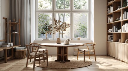 07231249 102. High-detail 3D illustration of a minimalistic Scandinavian living room with a wooden round table positioned near a large window, complemented by a well-stocked bookshelf, stylish wooden
