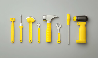 A set of yellow tools, including a hammer, wrenches, and a screwdriver. The tools are arranged in a row on a gray background.