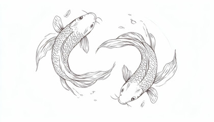 Fototapeta premium Line art illustration of two koi fish swimming in a circle.