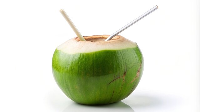 Fresh cut green coconut isolated on background coconut water with straw, coconut, verde, cortado, e, fundo, isolado, ?gua de coco