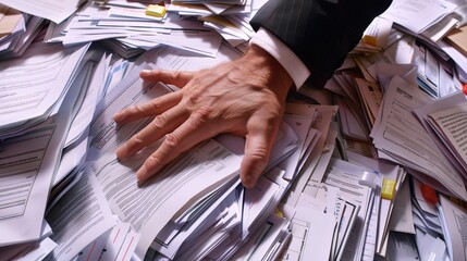 07231249 123. Close-up of a businessmanâ€™s hand managing an overload of documents, arranging and categorizing them meticulously in an office setting, with a focus on the disarray of papers and the